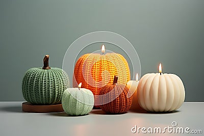 Knitted Colorful Pumpkins And Candles, Representing Thanksgiving Home Decor Concept Stock Photo