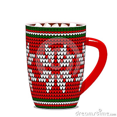 Knitted cup with a Scandinavian pattern and hot chocolate and marshmallows. Vector Illustration