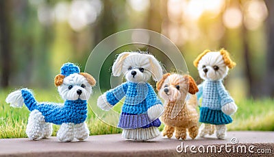 knitted dog puppies, cute playing dogs. wool dolls ,ai generated Stock Photo