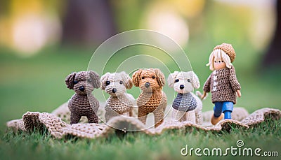 knitted dog puppies, cute playing dogs. wool dolls ,ai generated Stock Photo