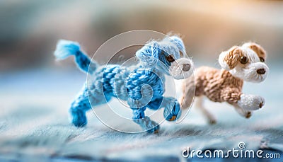 knitted dog puppies, cute playing dogs. wool dolls ,ai generated Stock Photo