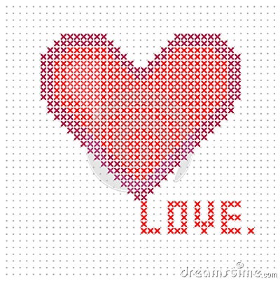 Knitted, embroidered heart. Heart Valentine`s day card. Vector. Vector Illustration