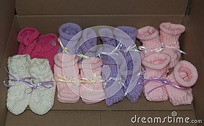 Knitted Girl Baby Booties with Ribbons Lined Up in a Row - Colors: Pink, Purple, White Stock Photo