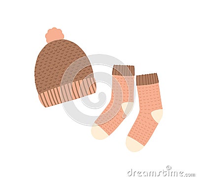 Knitted hat and socks flat vector illustration. Warm clothing, winter knitwear. Handmade headwear and footwear isolated Vector Illustration