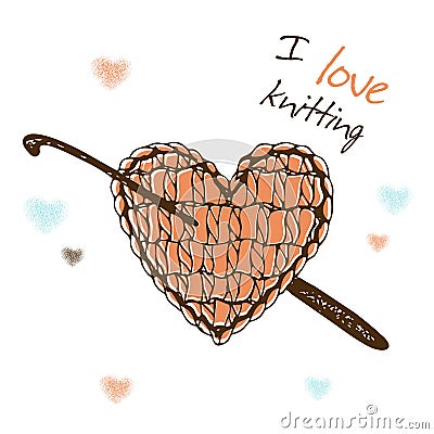 A knitted heart with a crochet hook. I love knitting. Vector Vector Illustration