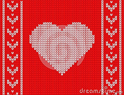 Knitted heart on a red background. cozy sweater. Cartoon Illustration