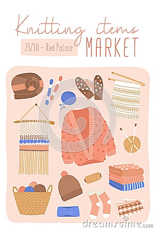 Knitted items market flat poster vector template. Retail store sale invitation. Handmade clothes and craft tools market Vector Illustration