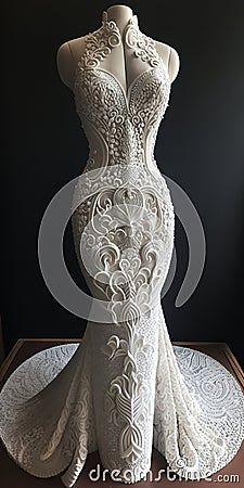 Knitted lace wedding dress with hand-embroidered beads. Generative AI Stock Photo