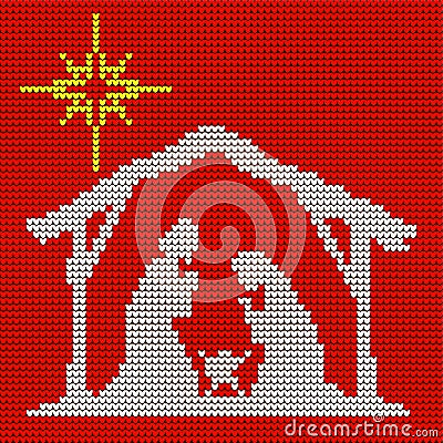 Knitted pattern. Mary, Joseph and the little Jesus. Christmas scene of the birth of Christ. Star of Bethlehem Vector Illustration