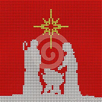 Knitted pattern. Mary, Joseph and the little Jesus. Christmas scene of the birth of Christ. Star of Bethlehem Vector Illustration