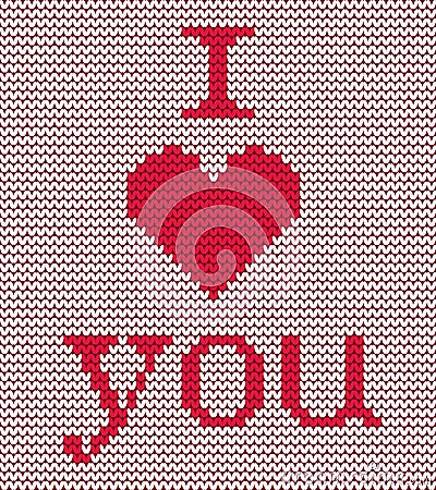 Knitted pattern. Red heart and text `I Love You` on a white background Vector Illustration