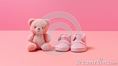 Knitted pink blue booties and toy bear on a pink background Stock Photo