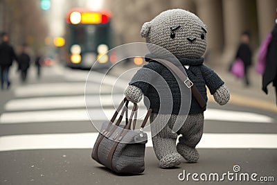 Knitted plush buddy in business style walks around New York with his bag Cartoon Illustration