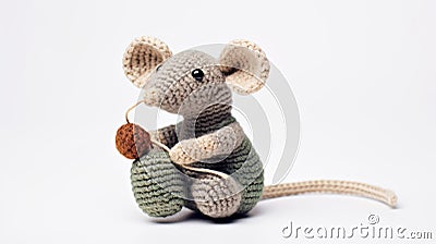 Knitted Rat Toy: Playful Poses Of A Crocheted Mouse Holding Yarn Stock Photo