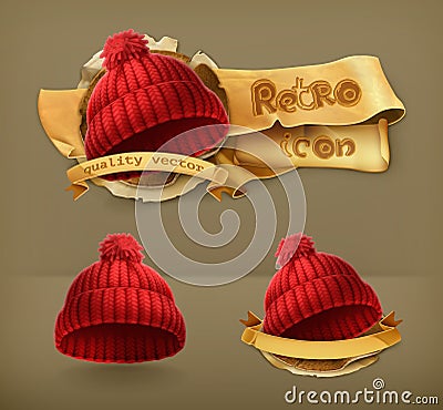 Knitted red caps icons Vector Illustration