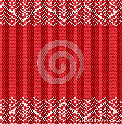 Knitted red christmas geometric ornament. Winter seamless knit background with empty place for your text. Vector Illustration