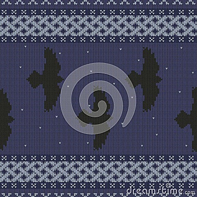 Knitted seamless celtic national ornament with black ravens in the starry sky Vector Illustration