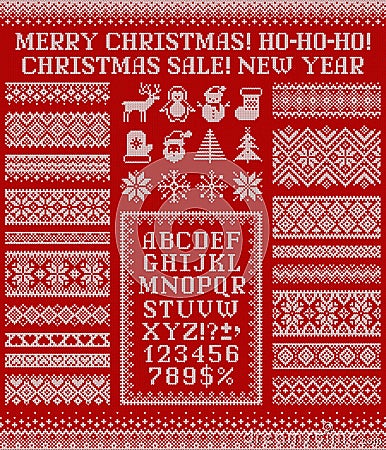 Knitted sweater borders, elements and letters for Christmas design. Scandinavian ornaments Vector Illustration