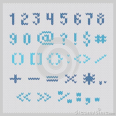 Knitted vector alphabet, blue small sans serif numbers and punctuation. Vector Illustration
