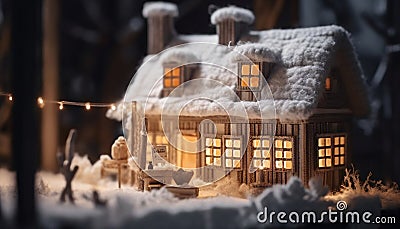 Knitted warm house of wool with evening lights in the windows in winter, house insulation concept, generated AI Stock Photo