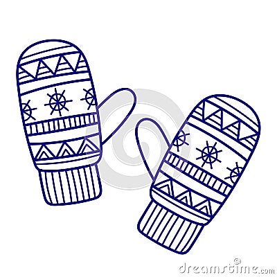 Knitted winter clothes, vector flat illustration. Mittens, glove with pattern Vector Illustration