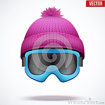 Knitted woolen cap with snow goggles. Winter Vector Illustration