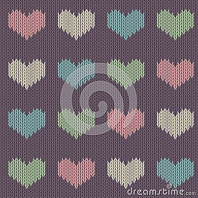 Knitted woolen seamless pattern with colored hearts on a vintage purple background Vector Illustration