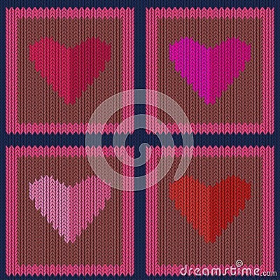 Knitted woolen seamless pattern with pink hearts in light brown squares Vector Illustration