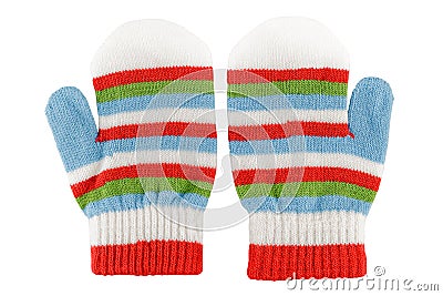 Knitted woolen warm mittens for children, winter clothes, isolated on a white background Stock Photo