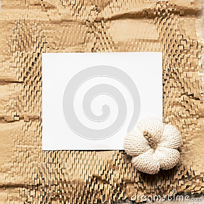 Knitted woolen white pumpkin template background flat lay top view copy space Stock Photo