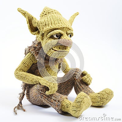 Knitted Yogi Character On White Background - Goblin Academia Style Stock Photo