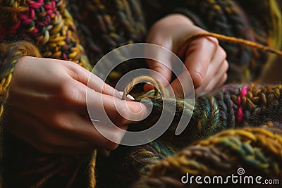 knitters hands focusing on interlocking wool loops Stock Photo