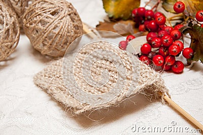 Knitting beige and red berries Stock Photo