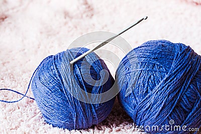 Knitting. Blue ball yarn, close up Stock Photo