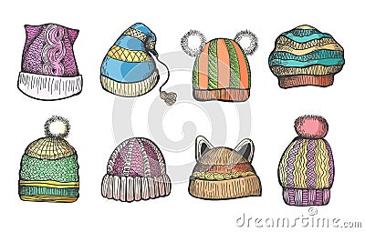 Knitting caps sketch set Vector Illustration