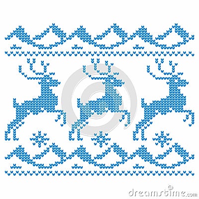 Knitting. Christmas vector background. Deers and snow. Vector Illustration