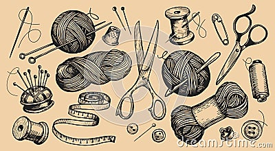 Knitting concept set items. Clew and knitting needles, wool yarn, tailor scissors, needle, thread. Vintage sketch vector Vector Illustration