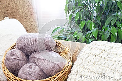 Knitting. Cozy handicraft atmosphere. Needlework. Balls of thread for knitting in a basket. Materials for a knitted project. Women Stock Photo
