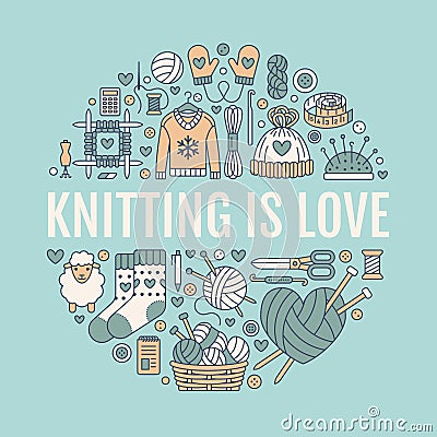 Knitting, crochet, hand made banner illustration. Vector line icon knitting needle, hook, scarf, socks, pattern, wool Vector Illustration