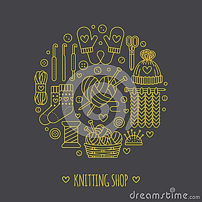 Knitting, crochet, hand made banner illustration. Vector line icon needle, hook, scarf, socks, pattern, wool skeins an Vector Illustration