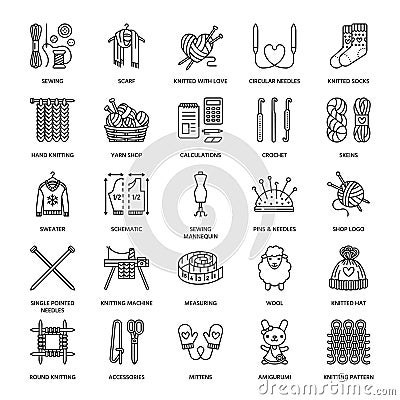 Knitting, crochet, hand made line icons set. Knitting needle, hook, scarf, socks, pattern, wool skeins and other DIY Vector Illustration