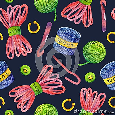 Knitting and crochet tools watercolor seamless pattern. Hand drawn illustration isolated on dark background. Cartoon Illustration