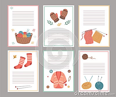 Knitting elements cards. Blank paper notes template, cozy cardigan, socks mittens. Autumn winter scandinavian style Vector Illustration