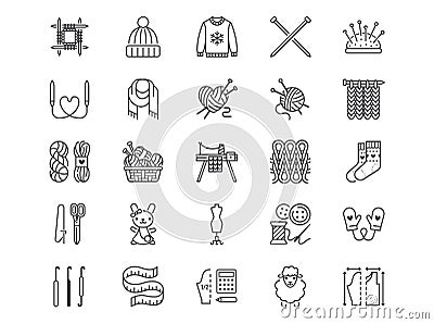 Knitting flat line icons set. Crochet, hand made scarf, wool ball, thread and needle vector illustrations. Outline signs Vector Illustration