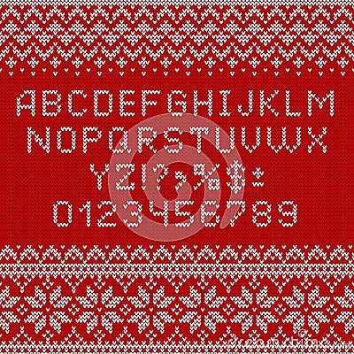 Knitting font. Alphabet, numbers and norwegian ornaments Vector Illustration