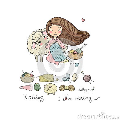 Knitting girl and a cute cartoon sheep. Handmade things. Vector Illustration