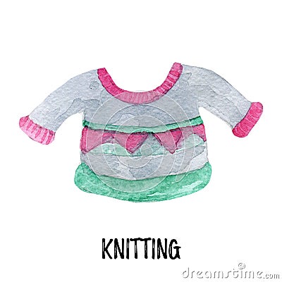 Knitting illustration. Hand drawn watercolor on white background. Cartoon Illustration