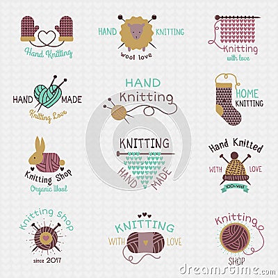 Knitting needles logo vector wool knitwear or knitted woolen socks logotype crocheting woolly materials and handknitting Vector Illustration