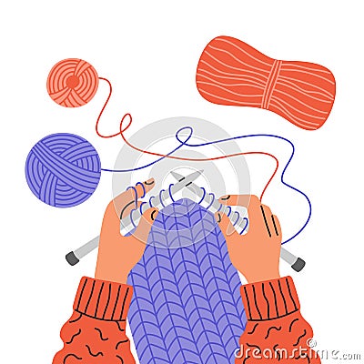 Knitting process, top view on hands holding needles Vector Illustration