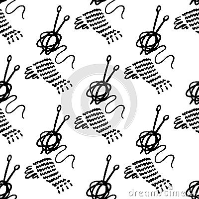 Knitting Scarf and ball of thread. Seamless pattern. Black and white doodle. Vector illustration Vector Illustration